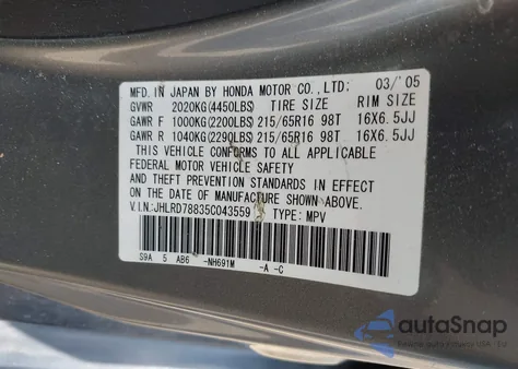 2005 Honda Cr-V Ex from USA, damaged, VIN JHLRD78835C043559